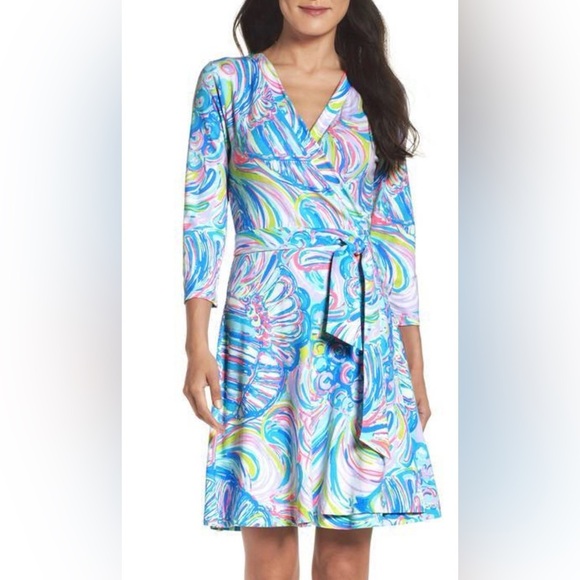 Lilly Pulitzer EMILIA WRAP DRESS Multi Gillty Pleasure Blue Pink size small - Picture 1 of 3